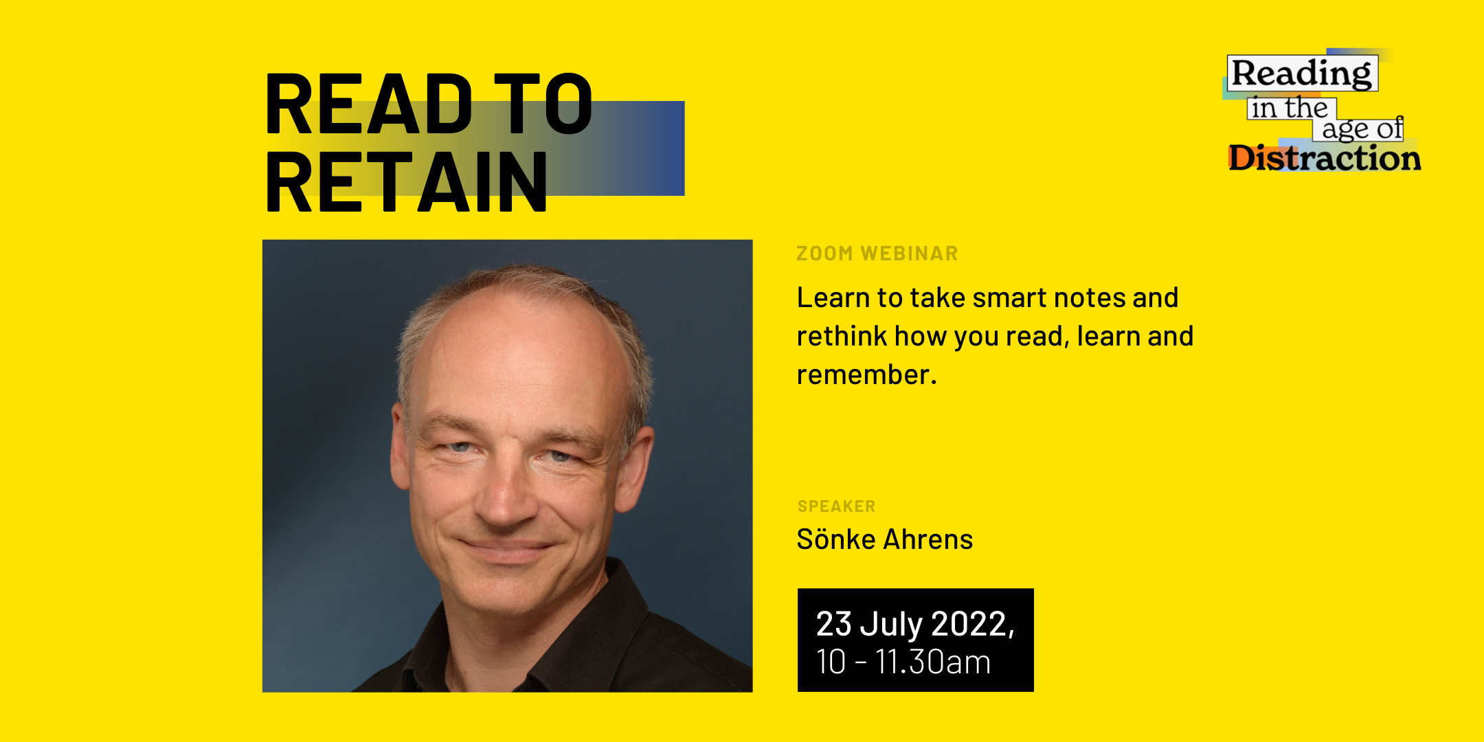 Yellow banner for a Zoom webinar titled Read to Retain, featuring speaker Sonke Ahrens on 23 July 2022.